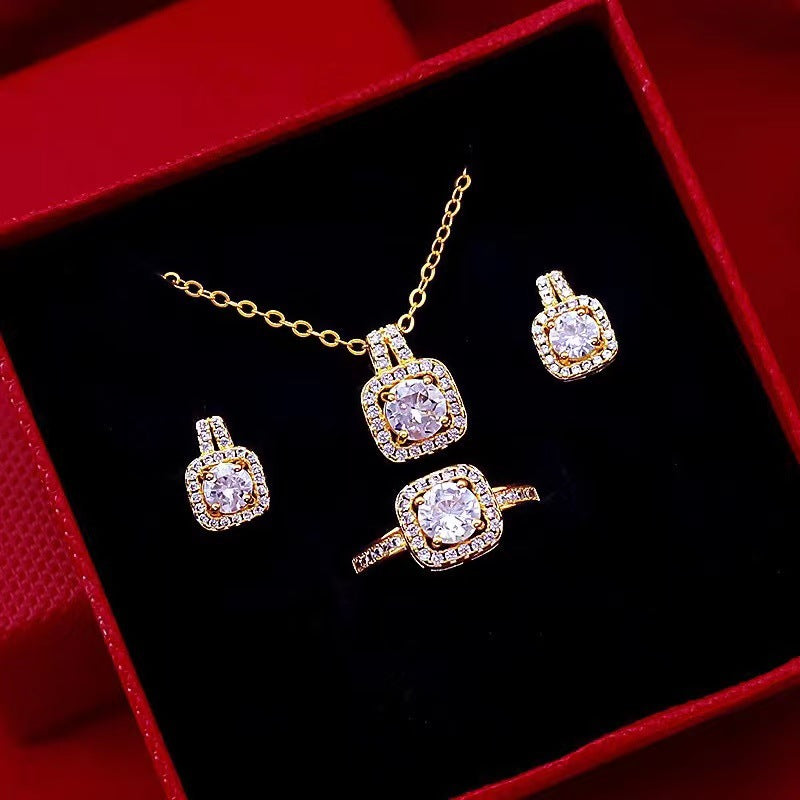 Elegant Gold Zircon Jewelry Set: Choker Necklace, Stud Earrings & Statement Wedding Ring for Women