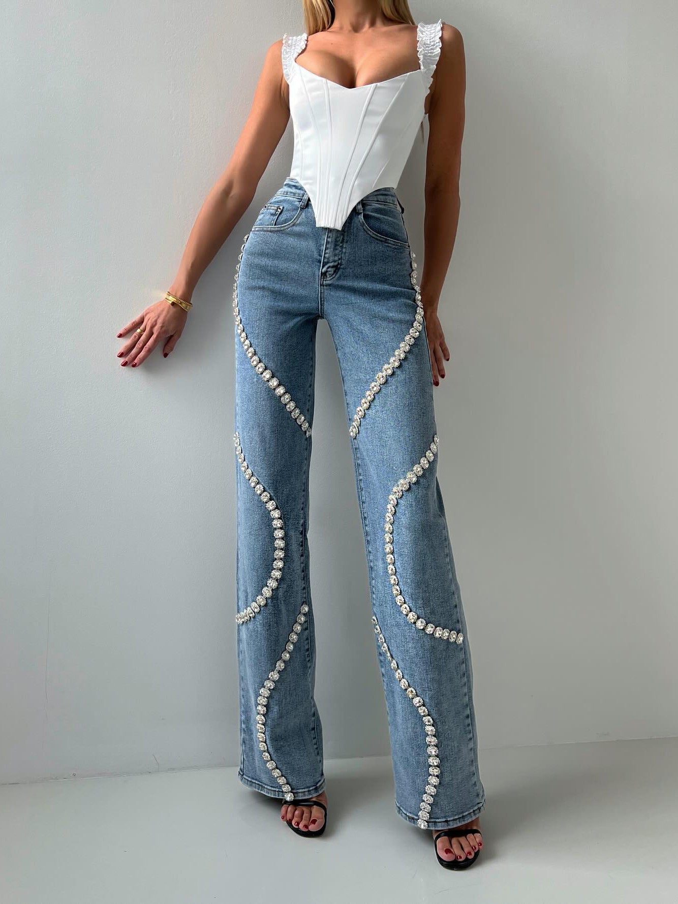 Chic Rhinestone-Embellished Loose Straight-Cut Jeans for Stylish Women