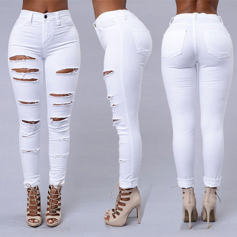 Stylish Ripped Skinny Jeans for Women - High Waist Casual Pencil Pants