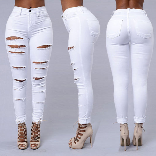 Stylish Ripped Skinny Jeans for Women - High Waist Casual Pencil Pants