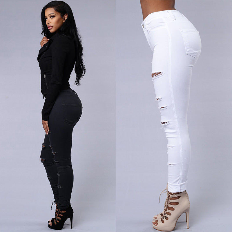 Stylish Ripped Skinny Jeans for Women - High Waist Casual Pencil Pants