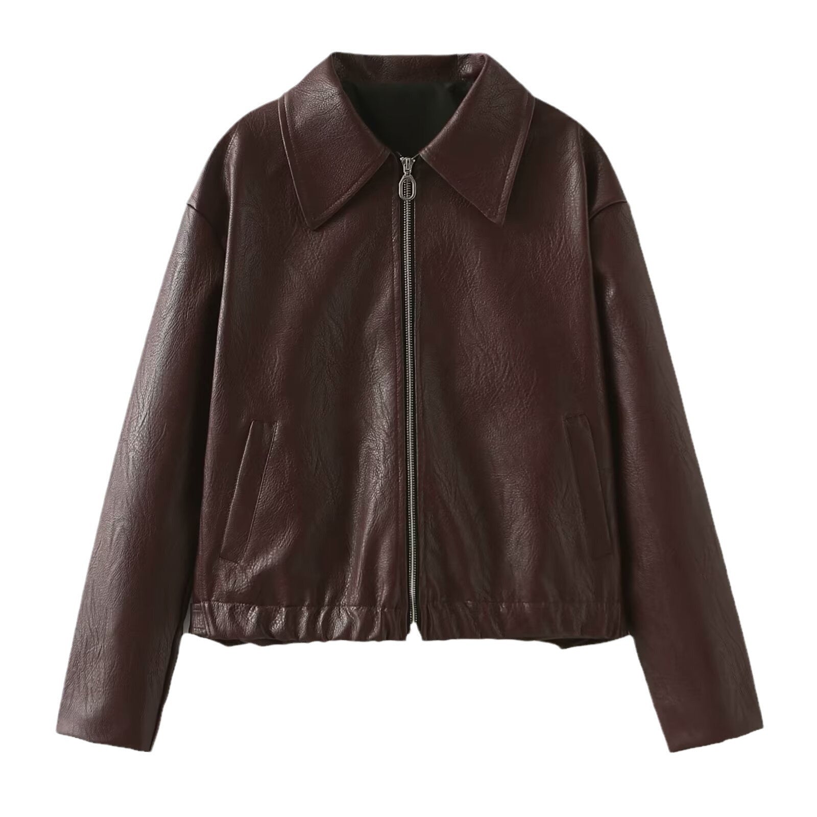 Chic Solid Color Lapel Zipper Jacket - Stylish Long Sleeve Leather Coat for Women