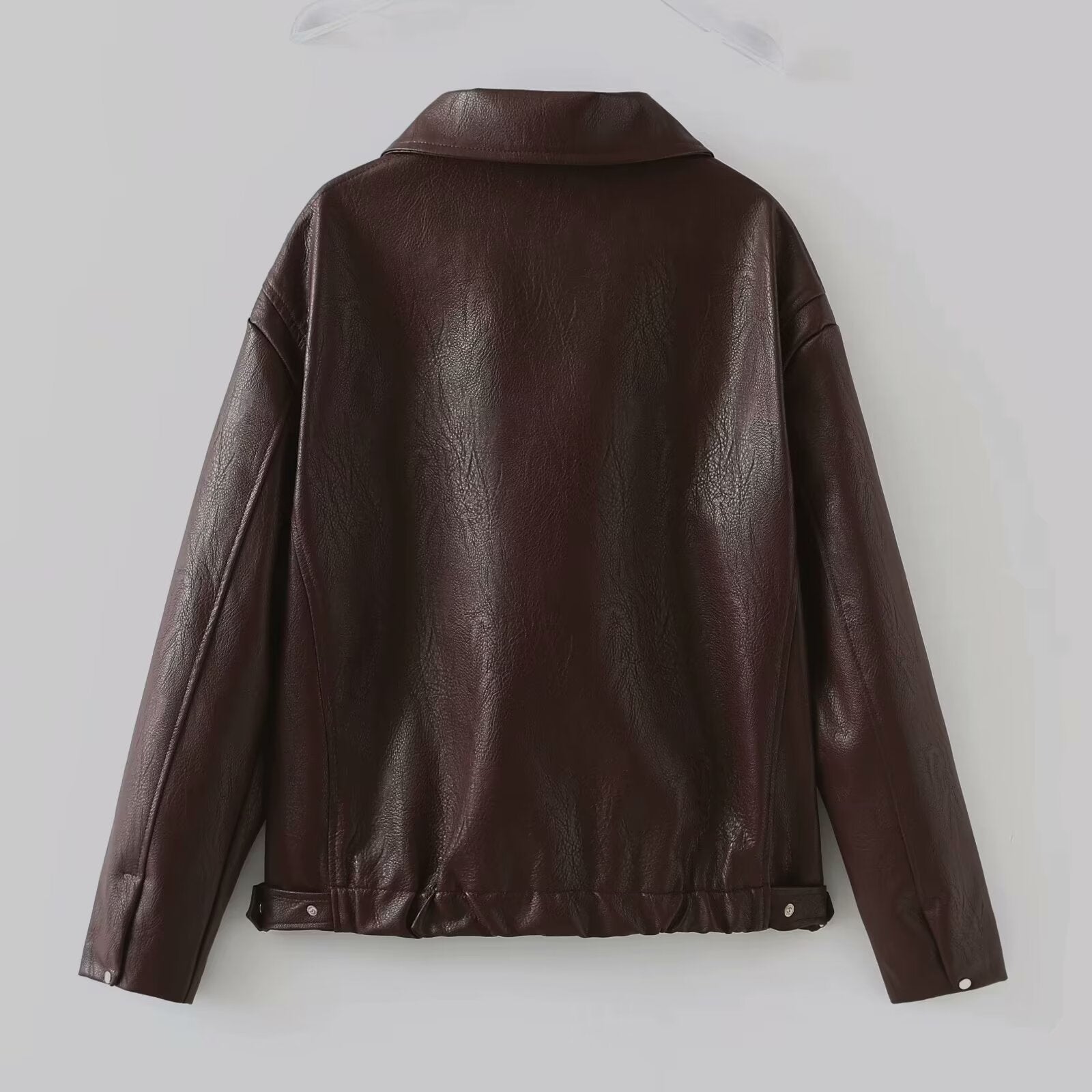 Chic Solid Color Lapel Zipper Jacket - Stylish Long Sleeve Leather Coat for Women