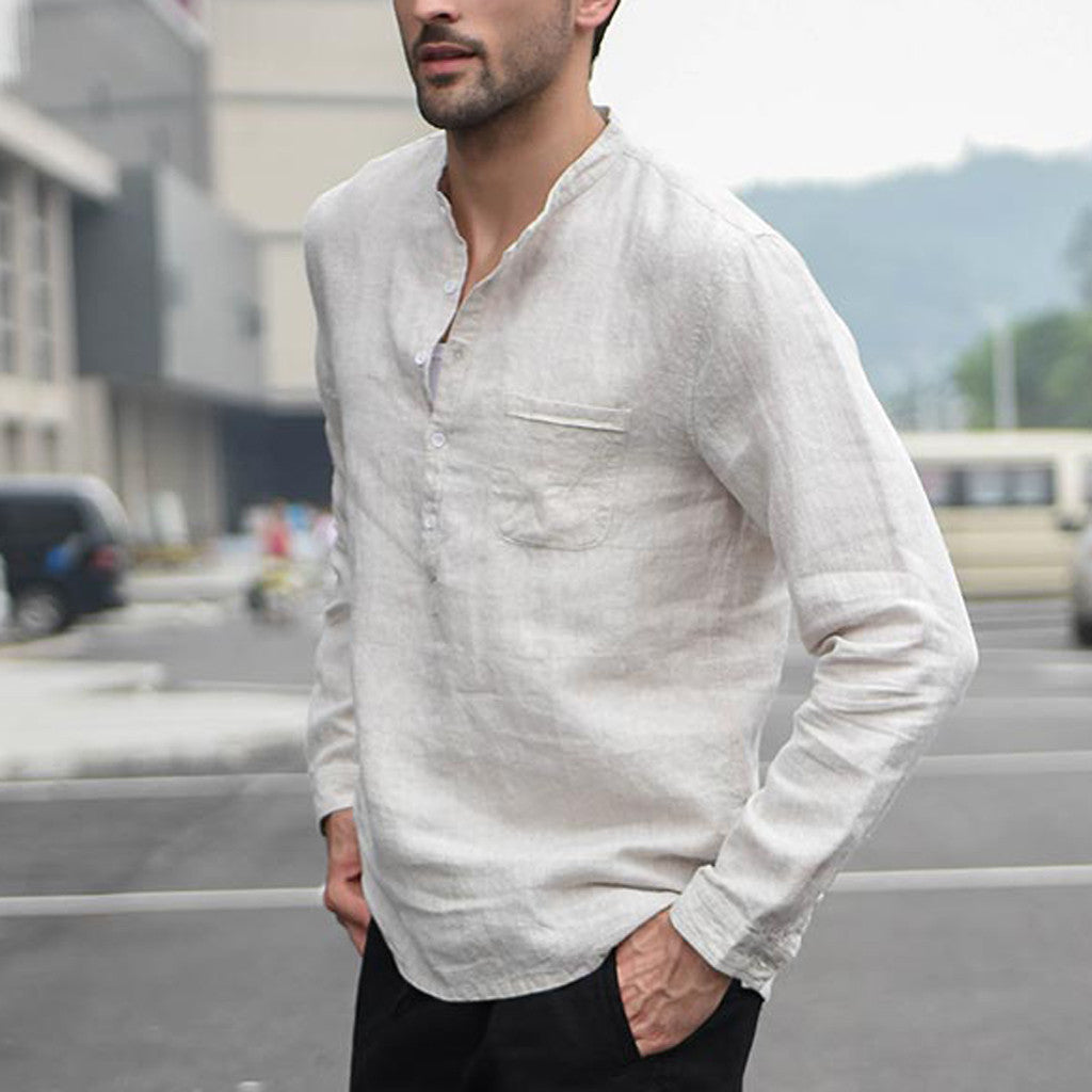 Stylish Vintage White Linen Button-Up Shirt for Men