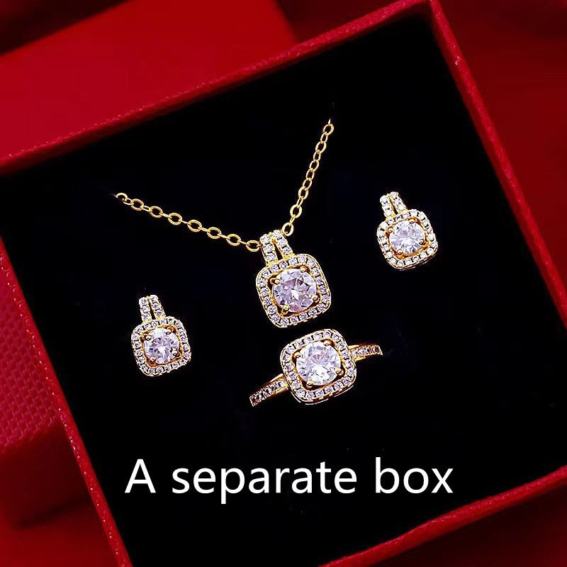 Elegant Gold Zircon Jewelry Set: Choker Necklace, Stud Earrings & Statement Wedding Ring for Women