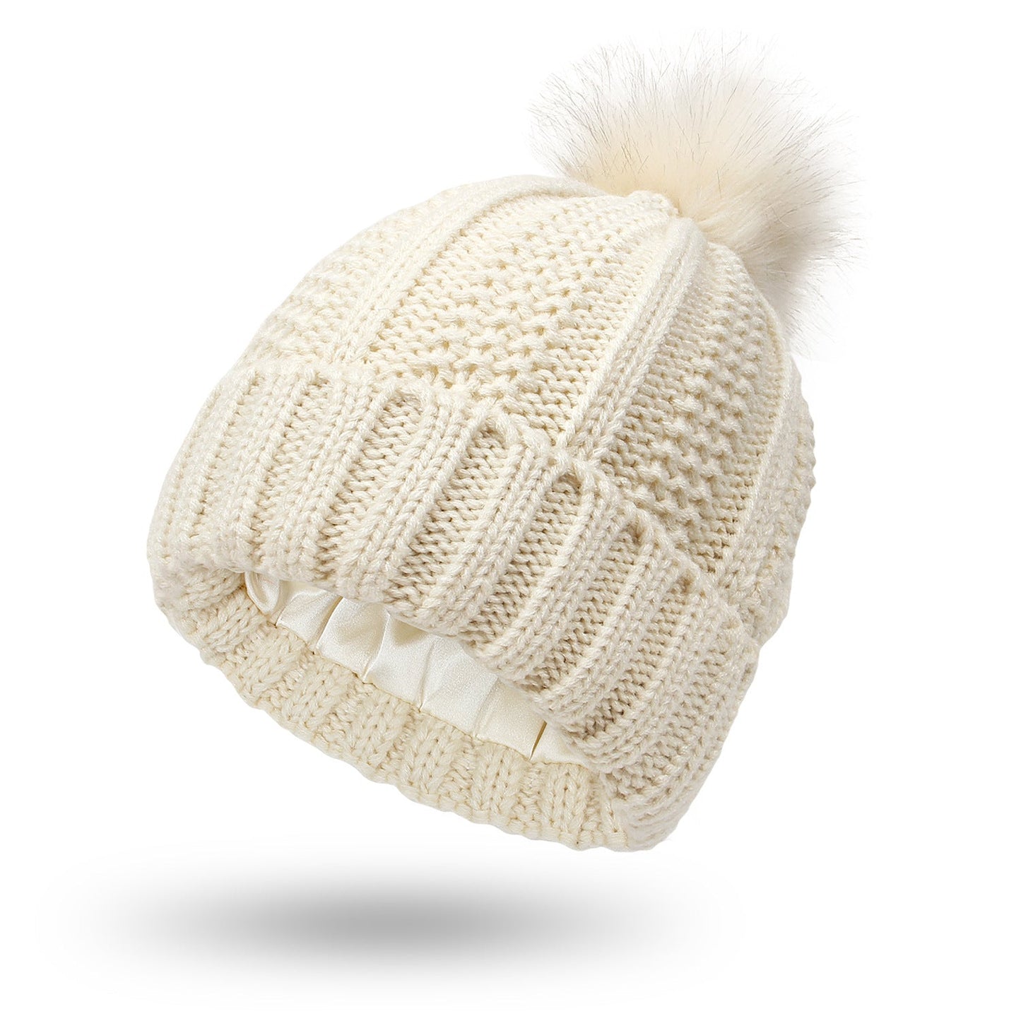 Chic Stretchy Satin Lined Beanie with Faux Fur Pom Pom - Winter Warmth for Women