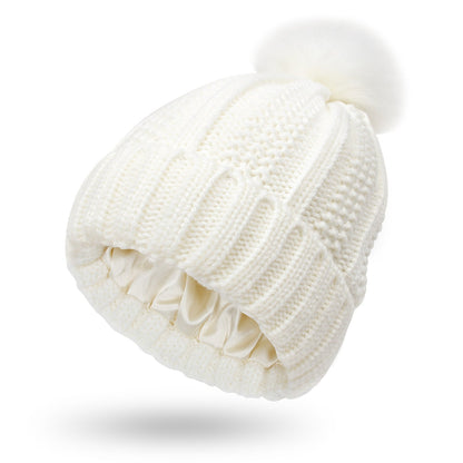 Chic Stretchy Satin Lined Beanie with Faux Fur Pom Pom - Winter Warmth for Women