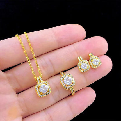 Elegant Gold Zircon Jewelry Set: Choker Necklace, Stud Earrings & Statement Wedding Ring for Women