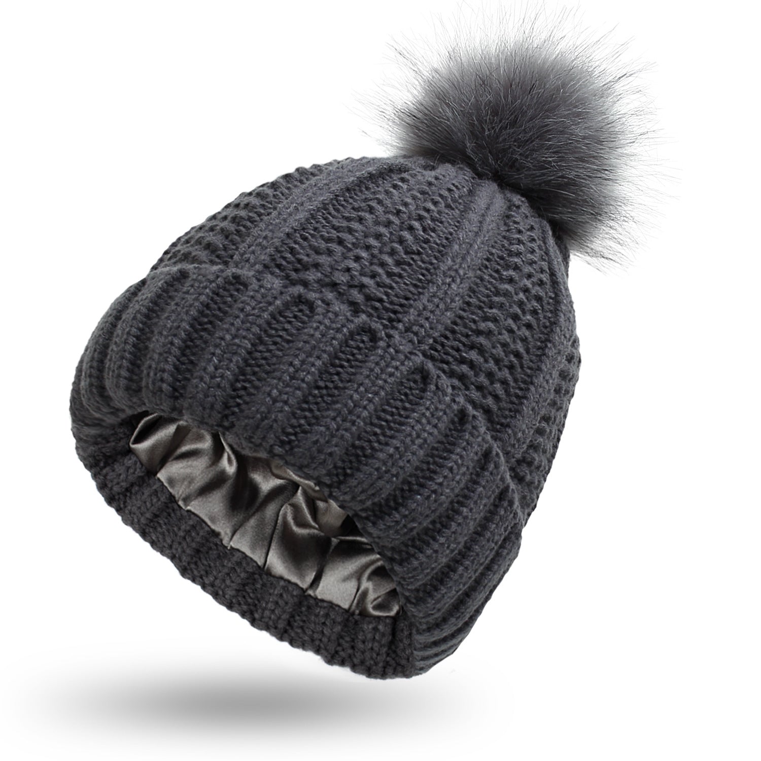 Chic Stretchy Satin Lined Beanie with Faux Fur Pom Pom - Winter Warmth for Women