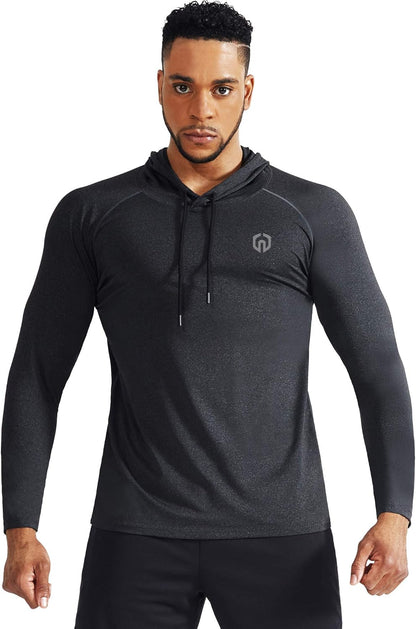 Men's Long Sleeve Dry Fit Athletic Shirt with Hood for Running and Workouts