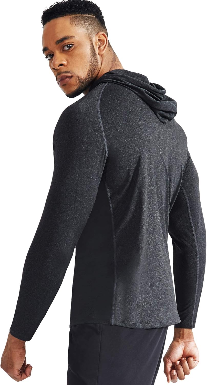 Men's Long Sleeve Dry Fit Athletic Shirt with Hood for Running and Workouts