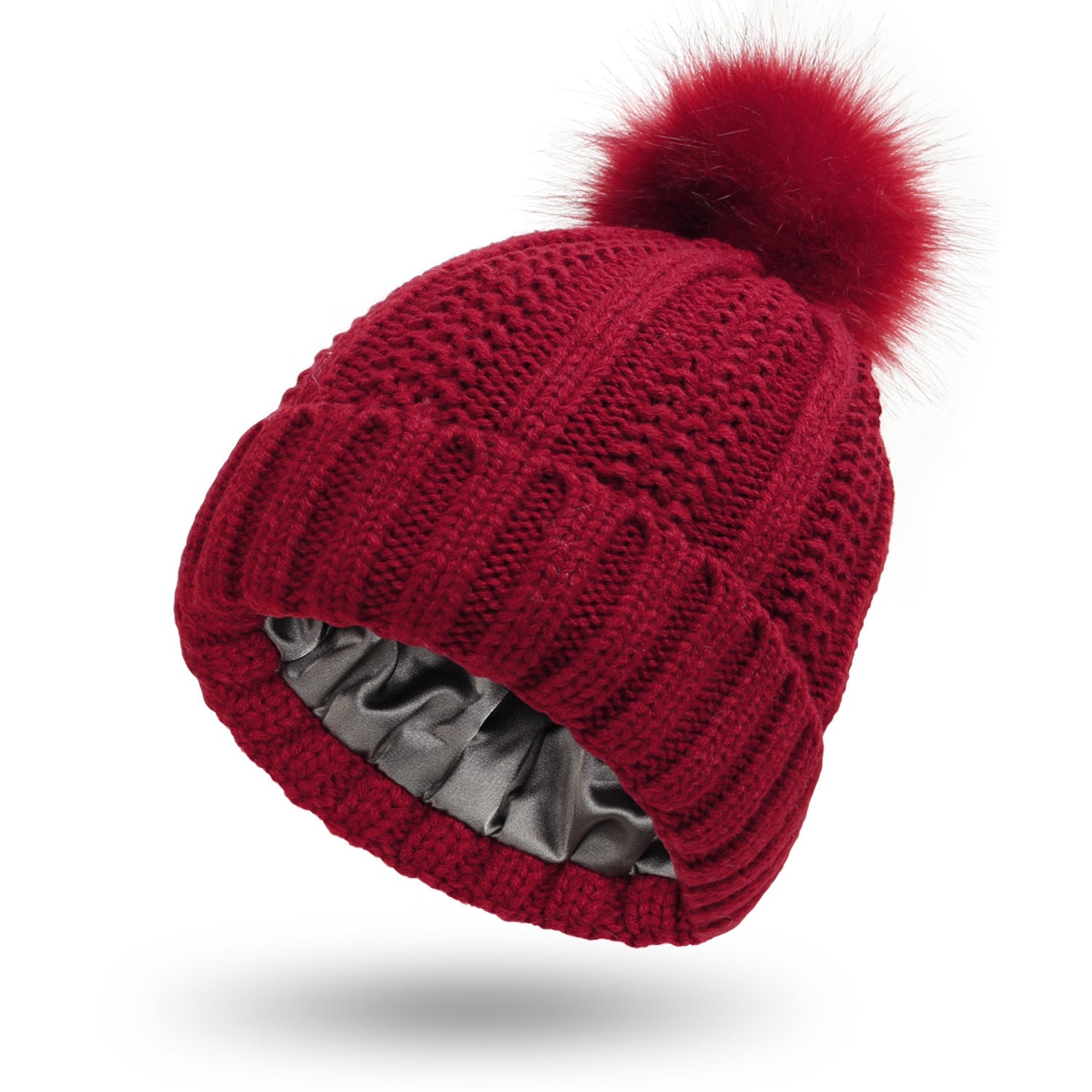 Chic Stretchy Satin Lined Beanie with Faux Fur Pom Pom - Winter Warmth for Women