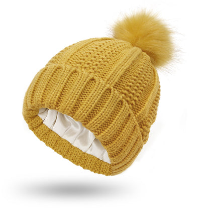 Chic Stretchy Satin Lined Beanie with Faux Fur Pom Pom - Winter Warmth for Women