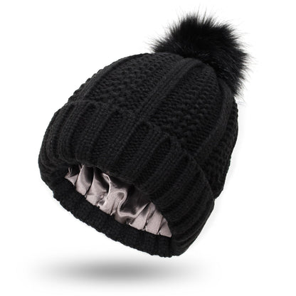 Chic Stretchy Satin Lined Beanie with Faux Fur Pom Pom - Winter Warmth for Women