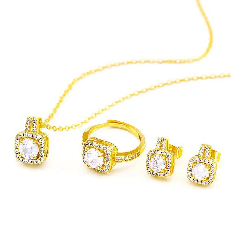 Elegant Gold Zircon Jewelry Set: Choker Necklace, Stud Earrings & Statement Wedding Ring for Women