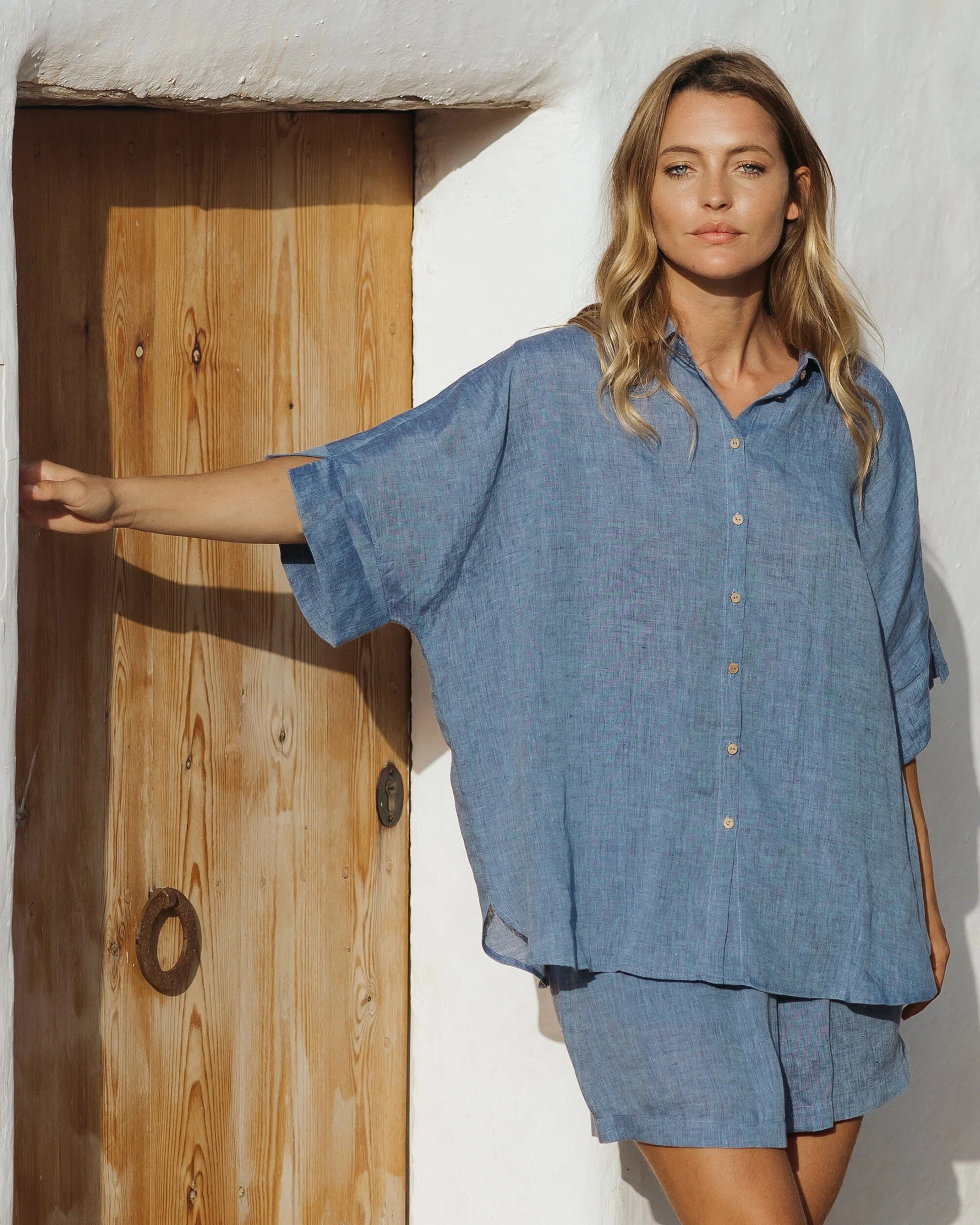 Elevate Your Style with the CABRERA Denim Chambray Short Sleeve Linen Shirt for Women - Perfect Button-Up Overshirt!