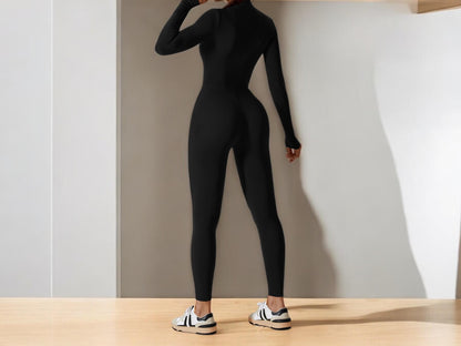 Chic Women's Fitness Jumpsuit with Stylish Zipper Design - Long Sleeve Workout Essential